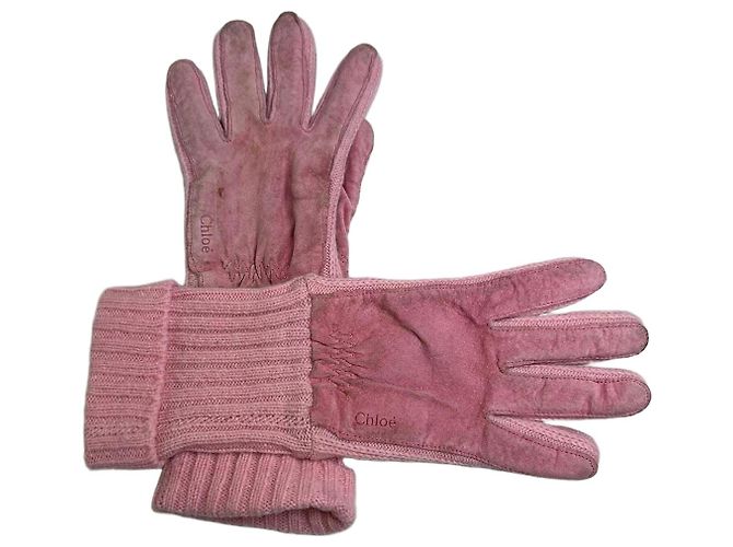 Chloé Gants Vintage Chloe en daim et maille rose