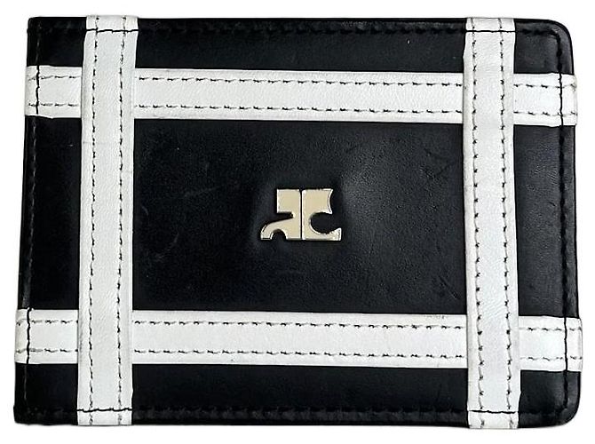 Vintage Courreges Leather Card Holder Black White Silver Logo