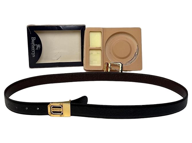 Vintage Burberry Leather Logo Belt Black Brown Gold