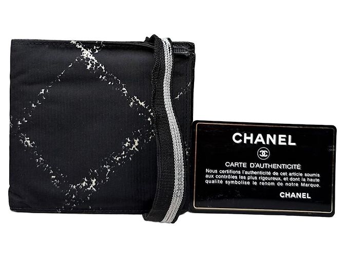 Vintage Chanel Nylon Card Holder Black White Silver