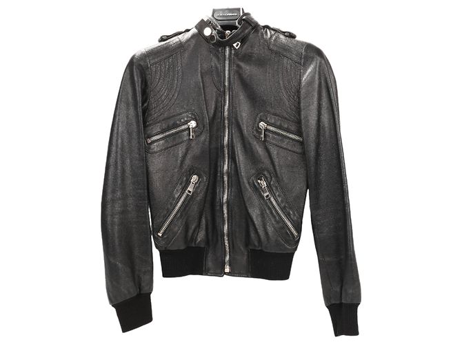 Dolce & Gabbana Black Leather and Leopard Biker Jacket, Size 38