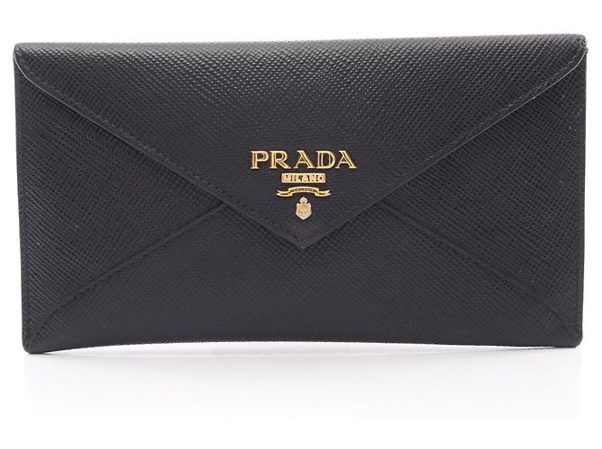 Prada Saffiano Cuir Envelope Bi-fold Long Wallet Black