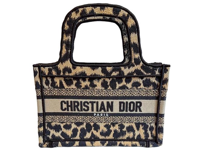 Dior Mini Book Tote Tela Leopardata Nero Beige Stampa leopardo