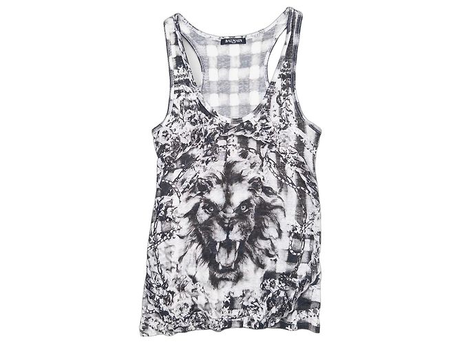 Top sin mangas Balmain by Olivier Rousteing SS13 Checkered Lion Print Blanco