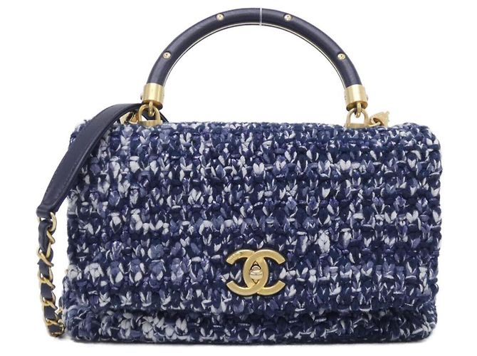 Bolsa Chanel 92991 de tweed e pele azul marinho