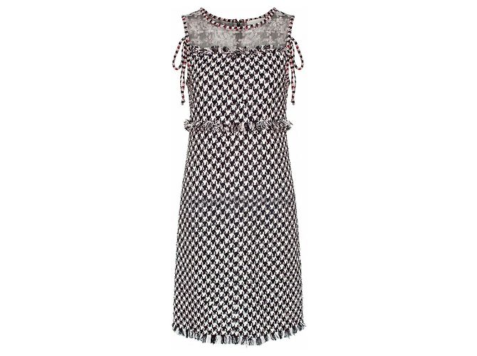Chanel Tweed-Kleid mit Hahnentrittmuster Schwarz Weiß Rot
