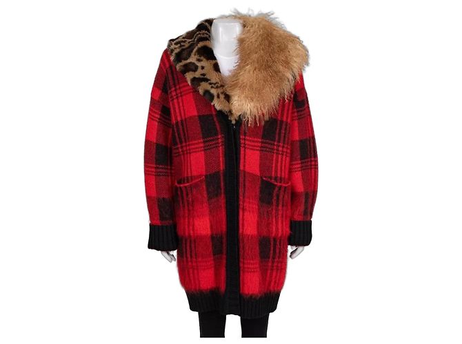 Roberto Cavalli Strickjacke aus Wolle und Mohair mit rotem Karomuster Größe 40/S Gebraucht