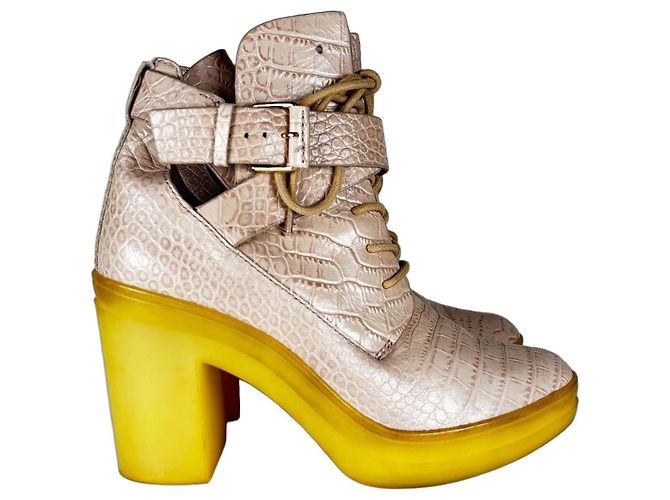 Alexander Wang Beige Embossed Leather Ankle Boots with Yellow Heels