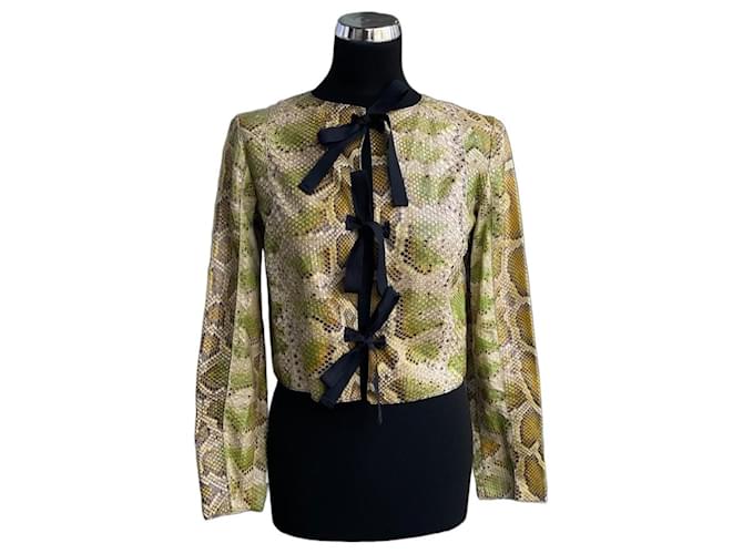 Prada Burmese Python Bow Moto Jacket SS09 Green Python print Yellow 