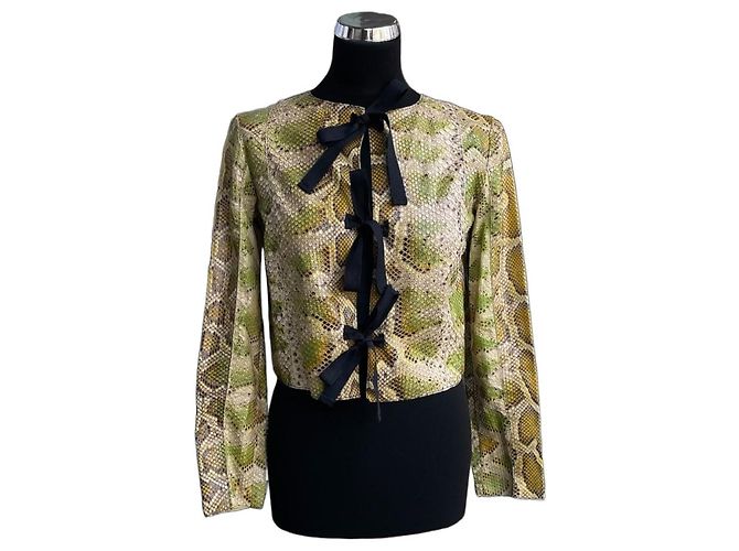Prada Burmese Python Bow Moto Jacke SS09 Grün Python drucken Gelb 