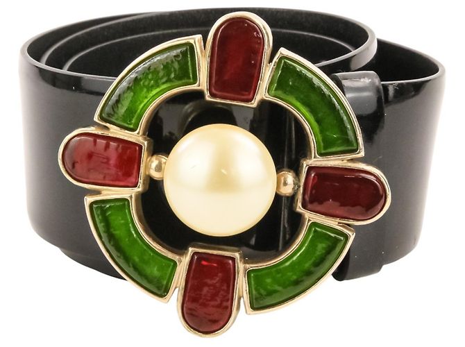 Cinturón de charol con hebilla Gris Poix Chanel Negro Roja Verde