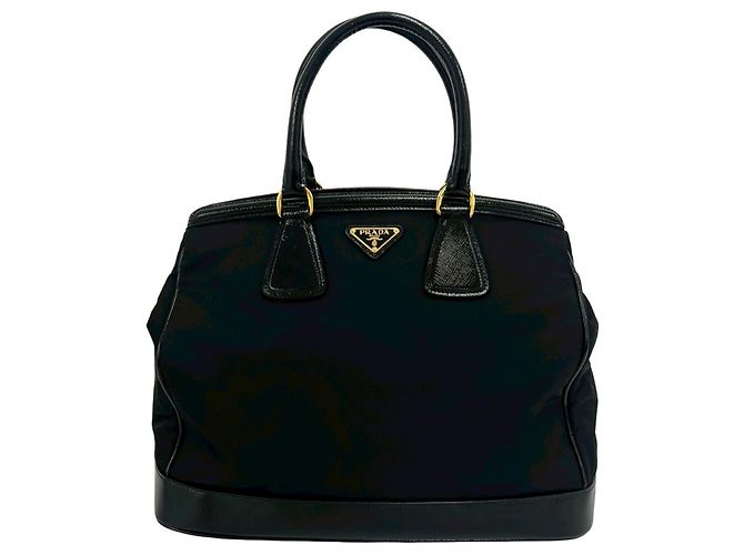 Mini borsa tote in nylon e pelle con placca logo triangolare nera Prada Nero