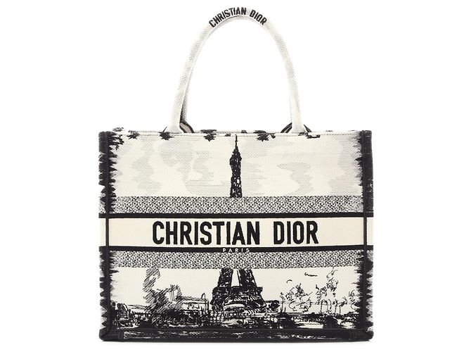 Dior White Medium Embroidered Canvas Eiffel Tower Book Tote