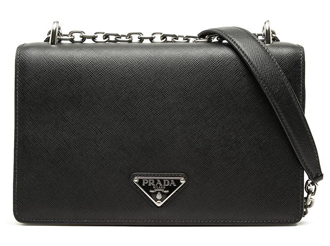 Bolsa transversal de corrente em Saffiano preto e Tessuto Prada
