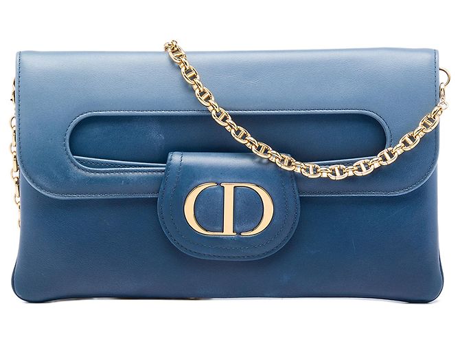 Bolsa DiorDouble Chain em couro de bezerro azul, tamanho Medium
