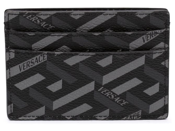 Versace Black La Greca Coated Canvas Card Holder
