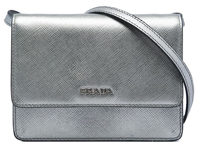 Prada Silver Saffiano Wallet on Strap Silvery