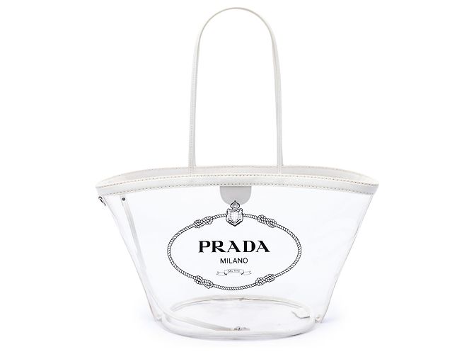 Tote Borsa shopper Prada in PVC bianco Canapa con logo