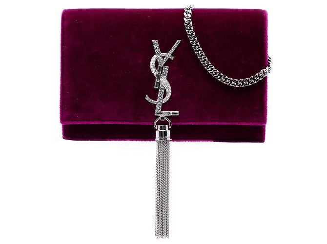 Saint Laurent Borsa a tracolla Kate in velluto viola piccolo con monogramma e nappa Porpora