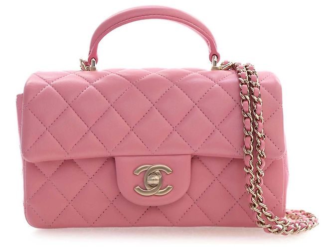 Chanel Pink Mini Rectangular Classic Lambskin Top Handle Flap Rose