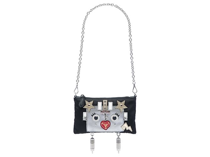 Borsa a Spalla Prada Black Tessuto Saffiano Robot Chain Nero
