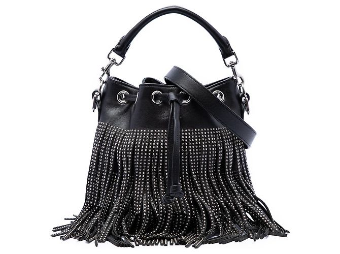 Borsa a secchiello Emmanuelle con borchie in pelle di vitello nera Small di Saint Laurent Nero