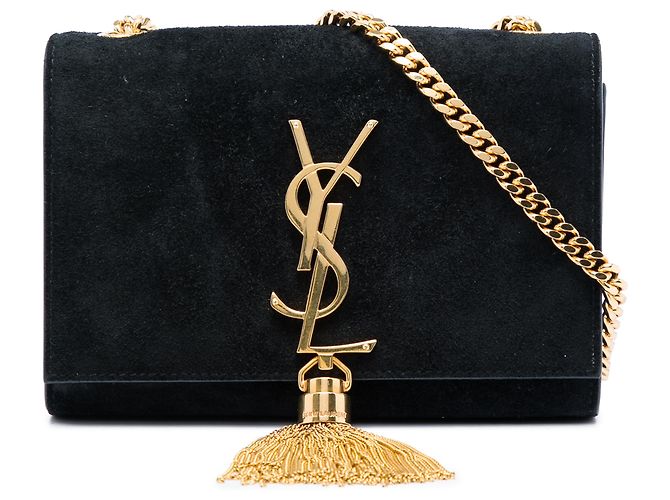 Saint Laurent Bolsa Transversal Kate com Borla em Camurça Preta Small Preto