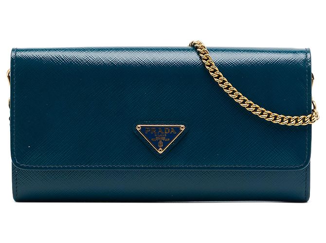 Portefeuille avec chaîne Prada Blue Saffiano Lux Bleu