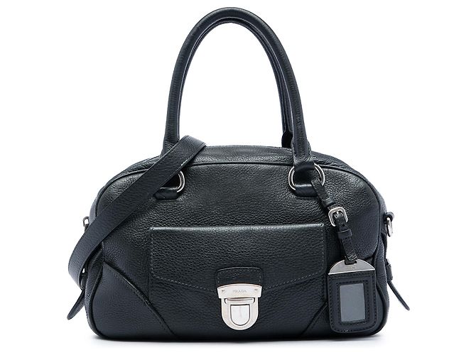 Prada Black Vitello Daino Front Pocket Boston Bag