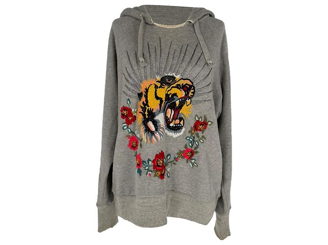 Gucci Tiger Bestickte Hoodie aus grauer Baumwolle