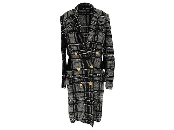 Balmain Plaid Double-Breasted Tweed Coat in Grey Viscose