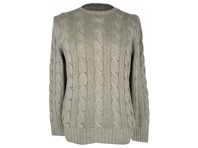 Polo Ralph Lauren Strickpullover aus grauer Seide mit Zopfmuster Braun Rot