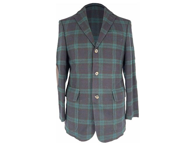 Ralph Lauren Elbow Patch Work Plaid Jacket in Navy Blue Wool