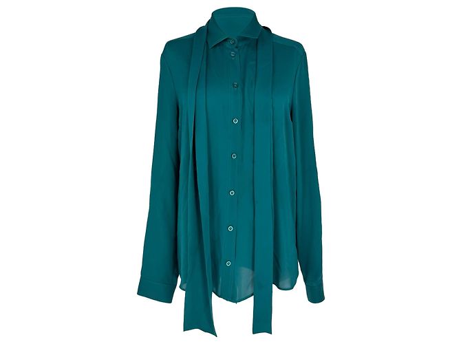 Camicetta Gucci in seta blu con bottoni e fiocco
