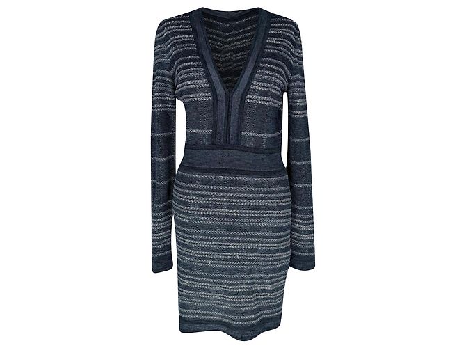 Mini abito Balmain con scollo a V a righe in viscosa blu Blu chiaro