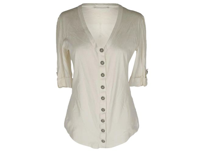 Camiseta de malha com decote em V e botões frontais Balmain em algodão bege Branco Cru