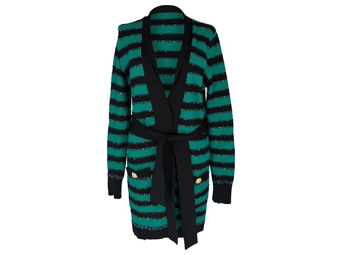Cardigan Balmain listrado com cinto longo em viscose verde