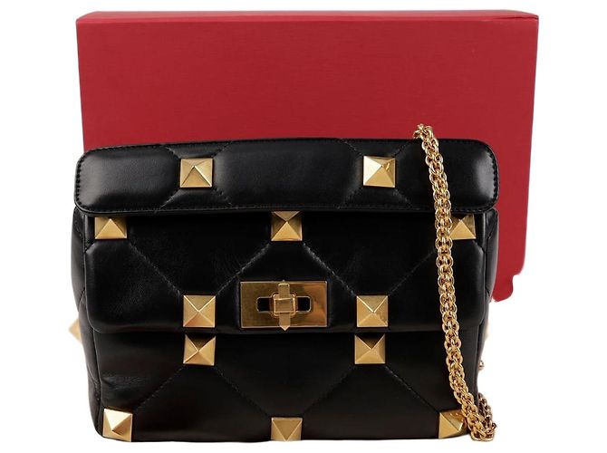 Valentino Bolsa Tote e de Ombro em Couro de Grão Roman Stud Preta Preto