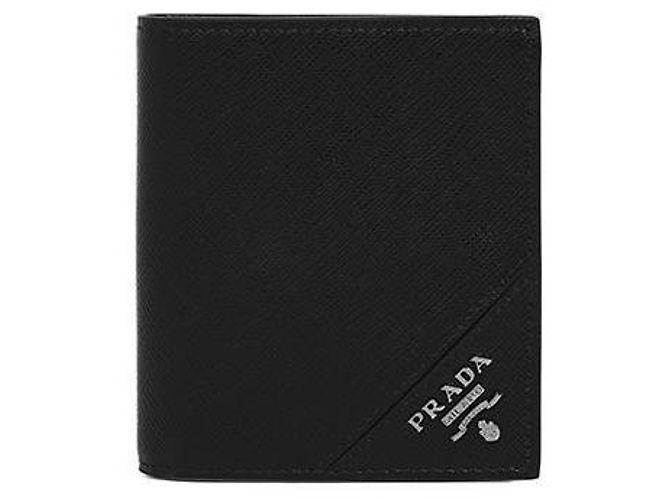 Prada Portafoglio Saffiano Logo Argento Compatto Nero