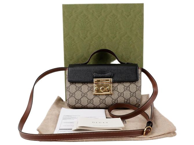 Gucci Paddle Lock Mini GG Supreme Canvas Top Handle Shoulder Bag Black