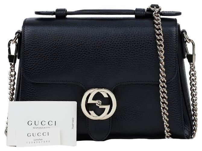 Gucci Interlocking Leather Top Handle Chain Shoulder Bag Black