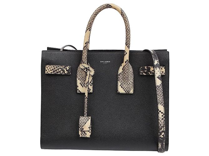 Saint Laurent Small Leather Python Pattern Sac De Jour Tote Shoulder Bag Black