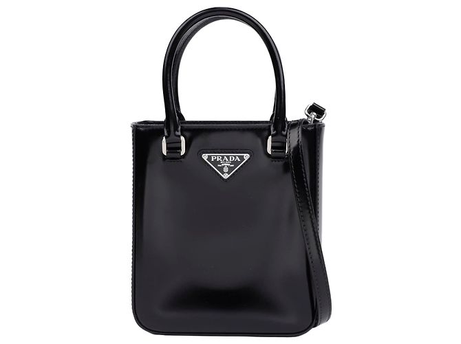 Prada Triangle Logo Small Brushed Leather Tote Bag Black