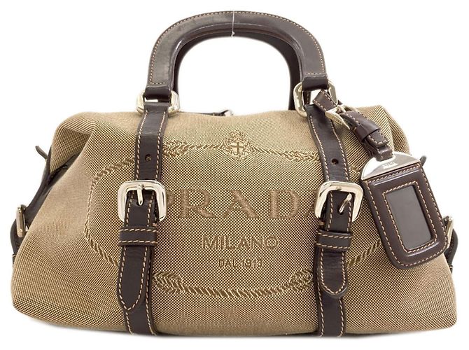Borsa a mano in tela con logo Prada per donna Marrone