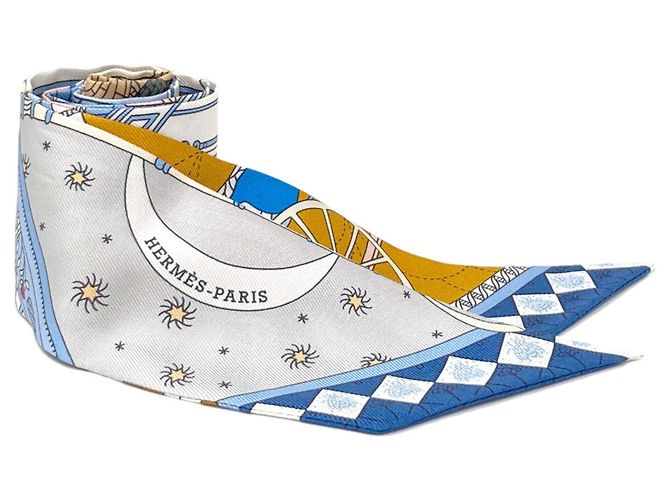 Hermès Lenço de seda Twilly Hermes Rosa Branco Azul
