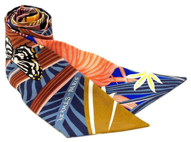 Hermès Lenço de seda Twilly Hermes Azul Laranja Amarelo