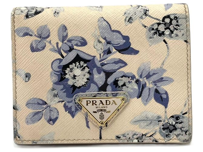 Prada Saffiano Leather Flower Print Triangle Bi-fold Wallet Beige Purple