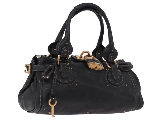 Chloé Bolsa Chloe Paddington de couro preto e dourado Auth SW2641M