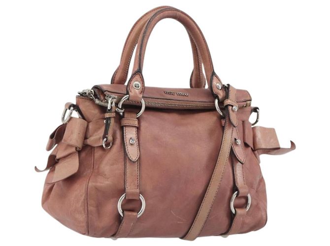 Bolsa de mão Miu Miu Side Ribbon de couro 2way Rosa Prata Auth bs36207
