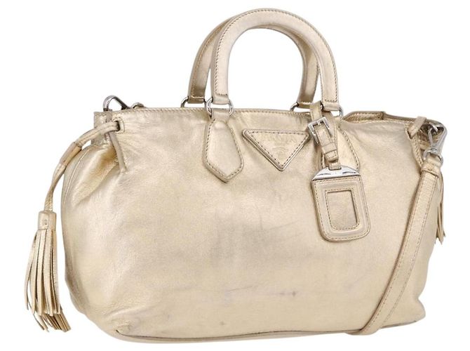 Bolsa PRADA de couro 2way Prata Ouro Auth 192120A Dourado